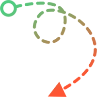 A dashed line, representing an Excursion, starts from a green circle, loops in the center, and curves downward—its color shifting from green to orange—ending at a solid orange arrowhead. The light gray background evokes Curacao’s charm.