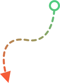 A dashed, curved line inspired by Curacao starts from a green circle in the top right and moves down to the left, ending at a solid orange arrowhead. The line smoothly transitions in color from green to orange.