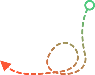 A dashed, multicolored line forms a loop, starting with an orange arrow pointing left and curving upward to a green circle at the end, symbolizing a winding or nonlinear path—reminiscent of Curacao’s vibrant routes. The background is light gray.