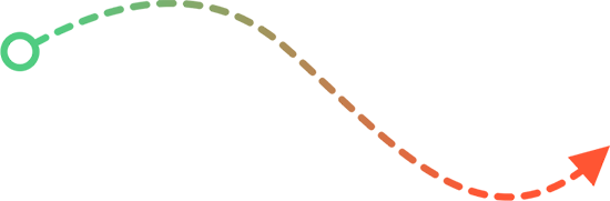 A dashed, curved line reminiscent of Curacao’s vibrant hues transitions from green on the left with an open circle to orange-red on the right, ending in an arrowhead. The S-shaped path on a light gray background suggests movement or direction.