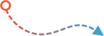 A dashed, curved line transitions from red on the left to blue—reminiscent of Curacao’s vibrant hues. A red circle marks the left end, while a blue arrowhead at the right suggests directional movement from left to right.