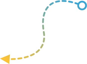 A dashed curved line forms an S-shape, starting with a blue Curacao-colored circle at the top right and ending with a yellow arrowhead at the bottom left. The dashed line gradually shifts from blue to green to yellow along the path.