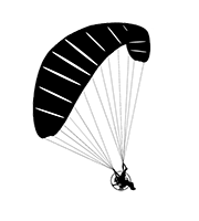 A black and white silhouette of a parachute canopy with suspension lines extending downward, suggesting a parachute in descent over Curacao. The image is simple, with no visible person or background detail.