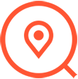A red magnifying glass surrounds a map pin icon with a dot in the center, symbolizing location search or finding a place in Curacao. The design is simple with clean lines on a white background.