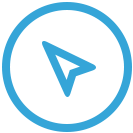 A blue outline of a stylized navigation arrow is centered inside a blue circle on a light gray background. The arrowhead points diagonally upward to the right, evoking a location or direction icon inspired by Curacao’s vibrant spirit.