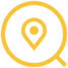 A yellow magnifying glass icon with a map location pin inside the lens area, symbolizing location search or finding a place in Curacao. The background is light gray.