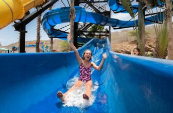 At Daypass Kunuku Aqua Resort, a girl in a purple patterned swimsuit smiles with arms raised as she slides down a bright blue water slide. Water splashes at her feet, palm trees and twisting slides surround the sunny scene. Another child is partly visible behind her.