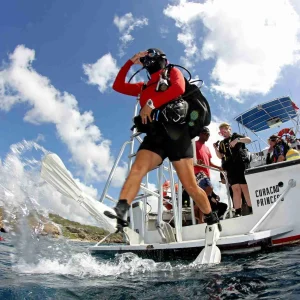 "translate": {
    "tid": 1,
    "text": "Un buzo con equipo completo desciende del barco para una excursión de BUCEO CON DOS TANQUES DESDE EL BARCO mientras otros observan desde la cubierta soleada y parcialmente nublada con la línea de costa visible a lo lejos."
}