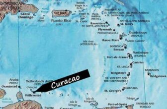 A map of the Caribbean Sea highlights Curacao with a bold black arrow pointing to the island near Willemstad, off Venezuela's coast. Surrounding islands such as Puerto Rico, Aruba, and Trinidad are clearly labeled.