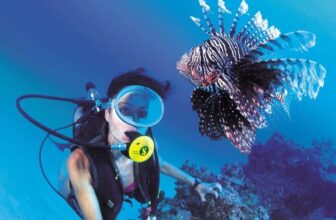 A scuba diver with a regulator and mask is underwater near a coral reef in Curacao, facing a striking lionfish with striped fins and spines. Both are surrounded by clear blue water as sunlight filters down from above.