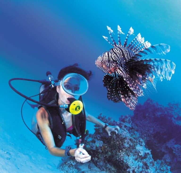 Un submarinista cerca de Curaçao se enfrenta a un llamativo pez león con largas aletas rayadas y espinas. Con máscara, regulador y traje de neopreno, el buceador flota junto a un arrecife de coral en aguas azules transparentes, con cara de sorpresa o fascinación por el encuentro cercano.