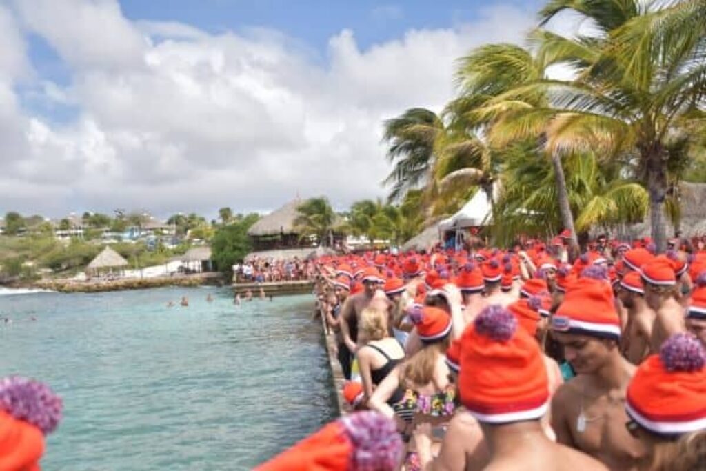 Een grote groep mensen in zwemkleding en bijpassende rode wintermutsen met witte en blauwe biesjes staat op een houten steiger bij de Curaçaose oceaan, met palmbomen, hutjes en een menigte op de achtergrond onder een gedeeltelijk bewolkte hemel.