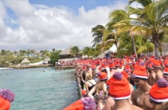 A large group of people in swimsuits and red winter hats with pom-poms stand by the edge of a tropical beach in Curacao, palm trees behind them, preparing for a swim. The sky is partly cloudy, the water is clear blue, and more people watch from the shore.