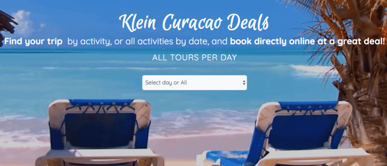Two empty blue beach chairs face turquoise ocean waves on Curacao’s sandy beach under a clear blue sky. Palm fronds frame the scene. Overlaid white text promotes Klein Curacao tour deals, with a dropdown menu to select tour days or all days.