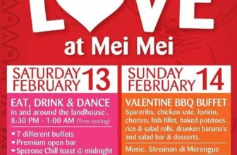 Event poster for All in Love at Mei Mei Curacao features red and pink backgrounds with white and yellow text, event details for Feb 13-14, buffet menus, entertainment info, pricing, sponsor logos, and a large heart icon replacing the O in LOVE.