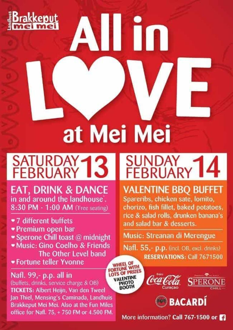 Event poster for All in Love at Mei Mei Curacao features red and pink backgrounds with white and yellow text, event details for Feb 13-14, buffet menus, entertainment info, pricing, sponsor logos, and a large heart icon replacing the O in LOVE.