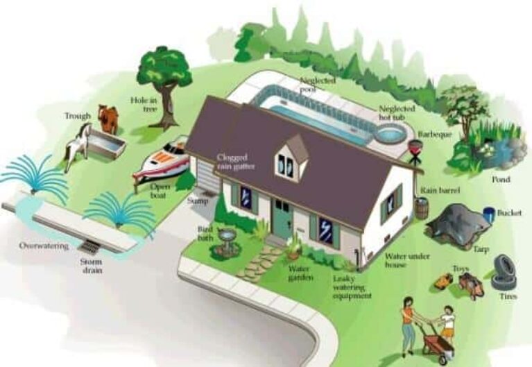 Illustration of a house and yard in Curacao with labeled sources of standing water: clogged rain gutter, overwatering garden, open boat, bird bath, leaky hose, toys, tarp, bucket, rain barrel, and more.