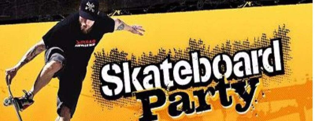 A bearded man in a black shirt and cap performs a skateboard trick against a yellow background with bold graffiti text: Birthday Skate Party. The dynamic pose and vivid colors give the design an energetic, urban feel.