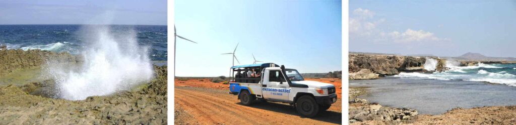 Een driedelige afbeelding toont: links, oceaangolven die blaasgaten op Curaçao opblazen; midden, Adem van Curaçao Jeep Tour met toeristen die windturbines passeren in een dor landschap; rechts, kustkliffen en een kleine waterval bij de blauwe zee.