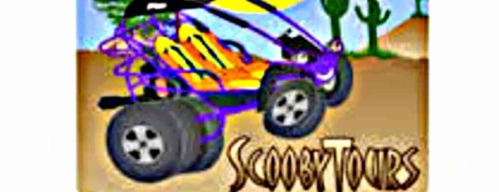 A cartoon-style purple and yellow dune buggy with large tires drives across a sandy desert with cacti and hills. "East Buggy Tour!" appears at the bottom in bold, Scooby-Doo-inspired lettering.