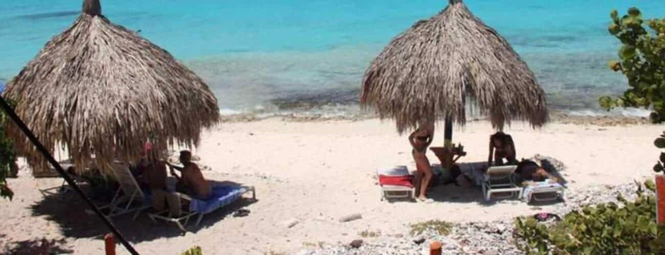 Dos sombrillas de playa con techo de paja dan sombra a las personas en las tumbonas junto a las cristalinas aguas turquesas de Klein Curaçao, enmarcadas por plantas verdes: una pintoresca escena perfecta para su Viaje a Klein Curaçao.