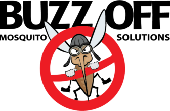 A cartoon mosquito with fists raised stands behind a red no symbol. Above, bold black text reads BUZZ OFF. Smaller text underneath says Curacao Mosquito Solutions. The angry mosquito wears a black helmet and goggles.