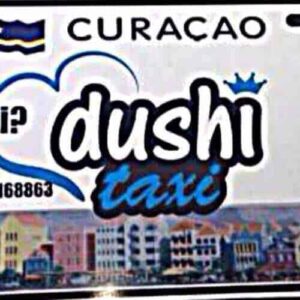 The “Taxi to Punda” Curacao taxi sign features a blue heart, Curacao flag, phone and Facebook icons, plus a Willemstad waterfront image. Book your ride easily—logos and contact info appear on a clean white background.