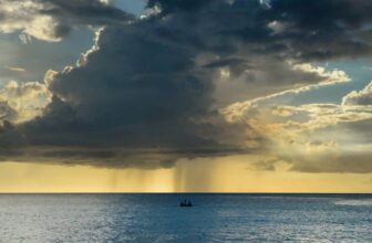 A vast ocean under a dramatic Curacao sky with large, dark storm clouds releasing rain in the distance. The sun sets behind the clouds, casting golden light. A small boat is silhouetted against the horizon in the calm water.
