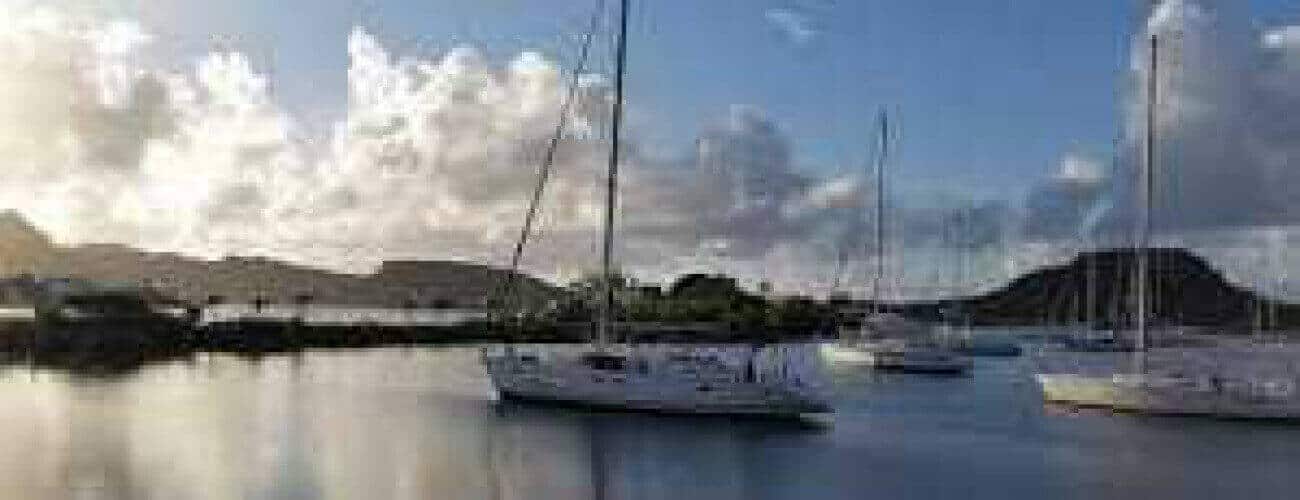 Experience tranquility on the VIP Sunset tour as elegant white sailboats glide across calm water beneath a bright sky with scattered clouds. Low green hills and distant mountains create a scenic harbor, while sunlight reflects off the serene surface.